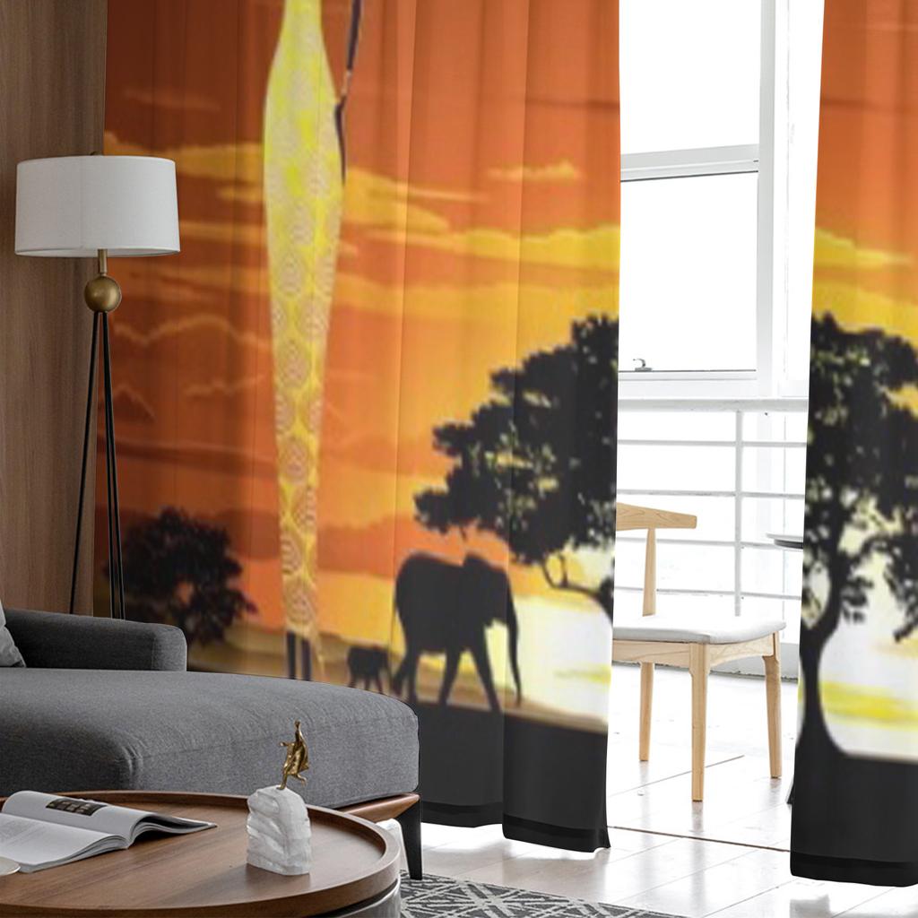 Afrikanische Frau auf hellem Savannen-Sonnenuntergang, transparente Tüllvorhänge für Wohnzimmer, Schlafzimmer, Küchendekoration, Voile-Organza-Vorhänge