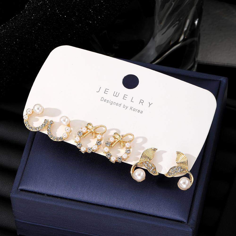 2023 Mermaid Tail Bow Deluxe Card Holder Earrings 3 Pcs White Crystal Elegant Earrings Diamond Love Pearl Girl Cute Earrings Set Decoration Gift