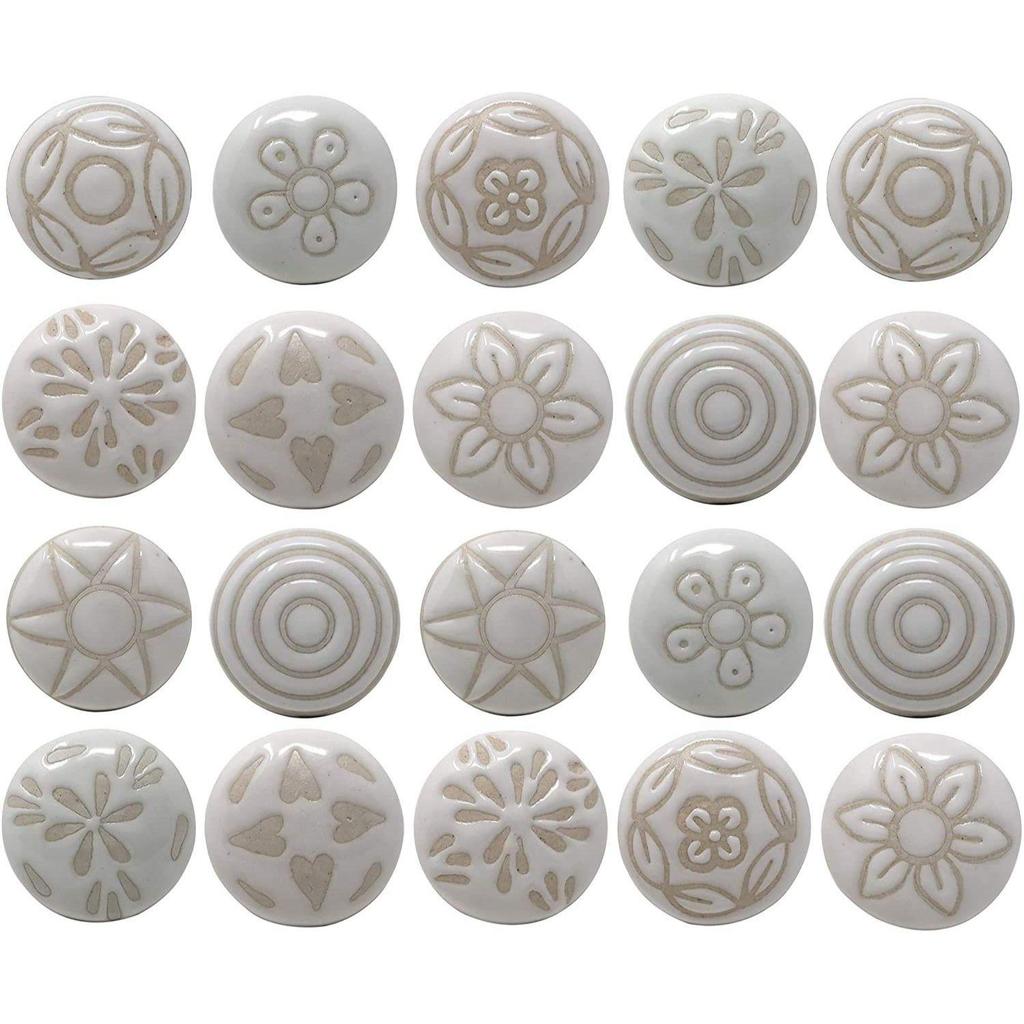 Ceramic Vintage Assorted Blue Pottery Drawer, Door Knobs and Pulls Handle for Kitchen Cabinets Home Interior (6, White) - Pack of 6