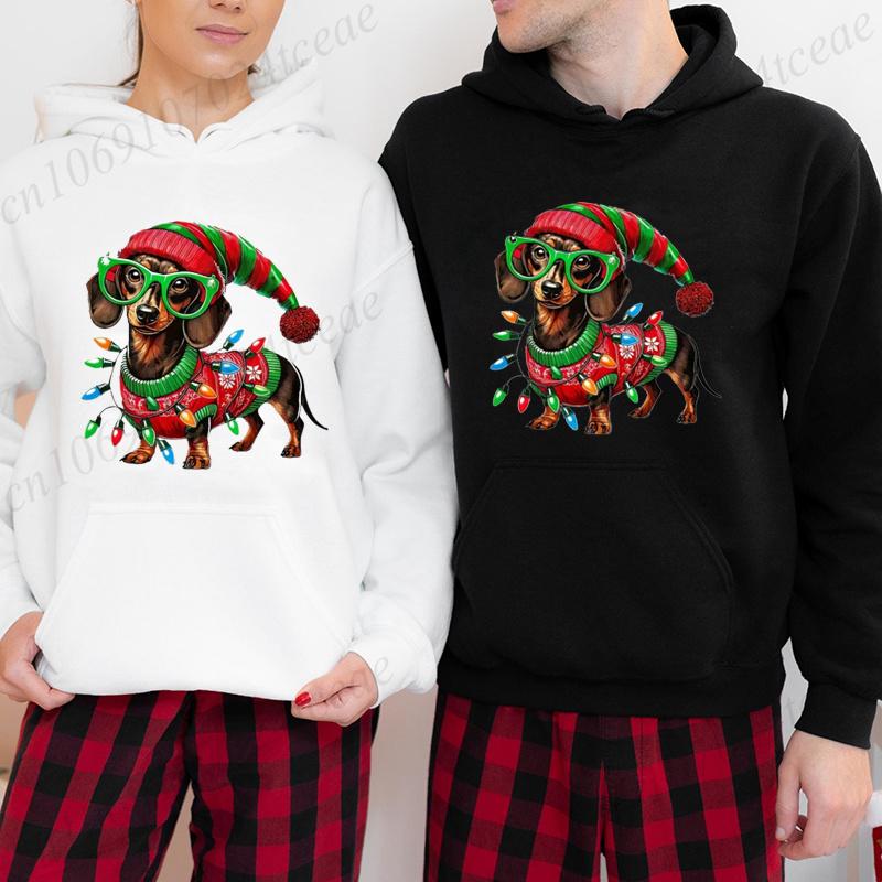 Cute Christmas Dachshund Graphic Hoodies for Women Dog Xmas Lights Print Sweatshirts Holiday Party Hoodies Christmas Hoody Gift