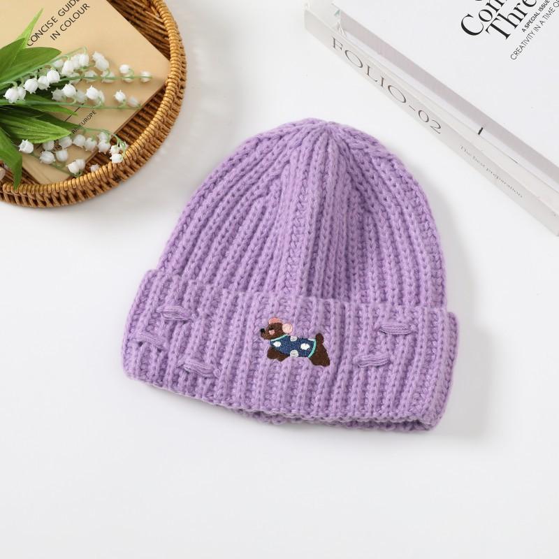 Cute Puppy Embroidered Hole Knitted Hat for Women Autumn and Winter New Style Baotou Cold Hat Warm Ear Protection Woolen Hat for Women