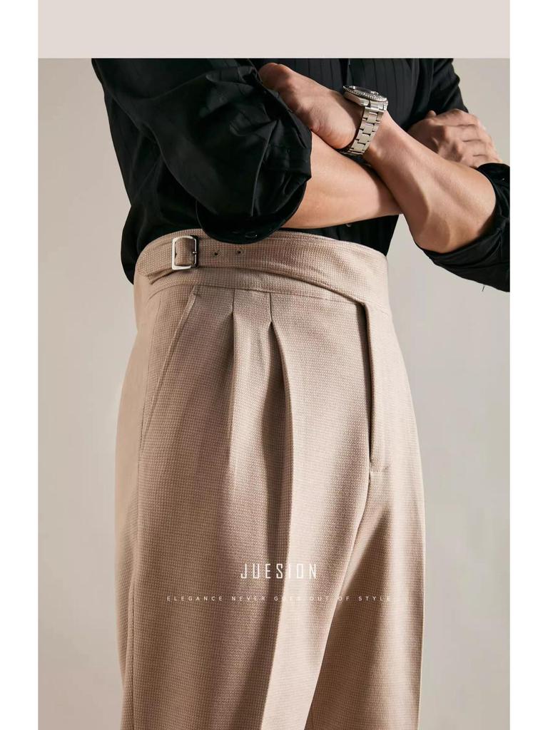 Men's High Waist Italian Gurkha Trousers - Business Formal Non-Iron Straight Leg with Paris Buckle