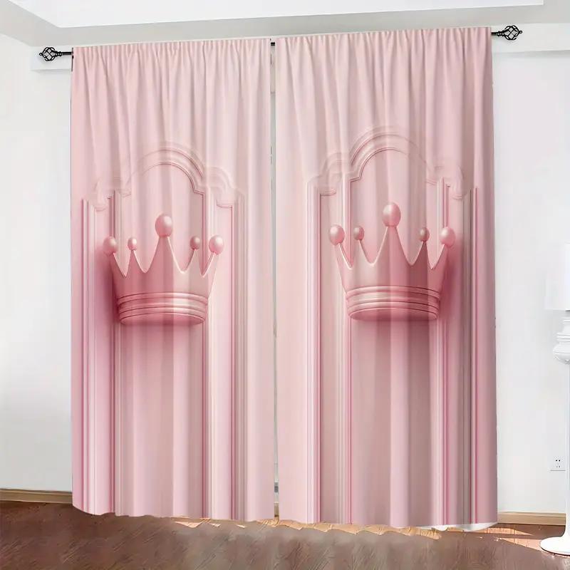 2PCS Pink Crown Curtains   Polyester Material Design with Rod Bags   Bedroom   Home Decoration