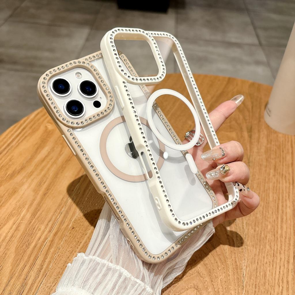 Applicable To IPhone15 Transparent Groove Anti-fall Mobile Phone Case Apple 16 ProMax Candy Rhinestone Magnetic Protective Case