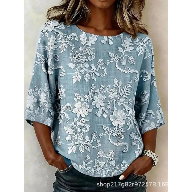 Xiyin's New Summer T-shirt Women's D-printed Retro Round Neck Loose Seven-quarter Sleeve T-shirt Top