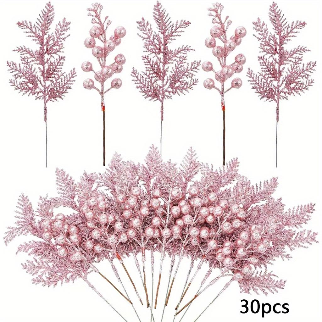 30pcs Artificial Pine Needles with Glitter Berry Stems - Vibrant Red & Green Plastic Christmas Branches for DIY Holiday Decor
