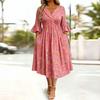 Robe Fleurie Évasée Manches 3/4 pour Femme avec Décolleté en V et Taille Cintrée Plissée Croisée