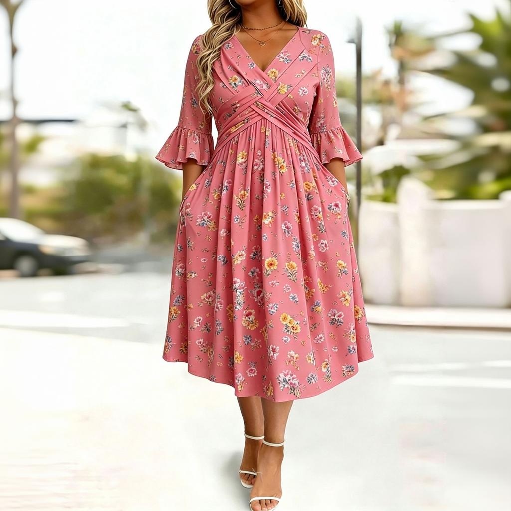 Robe Fleurie Évasée Manches 3/4 pour Femme avec Décolleté en V et Taille Cintrée Plissée Croisée