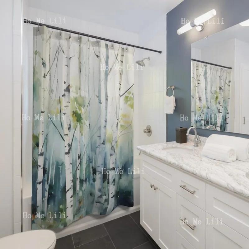 Textile Article Light Birch Tree Watercolor Mountain Forest Nature Scenery Landscape Shower Curtains