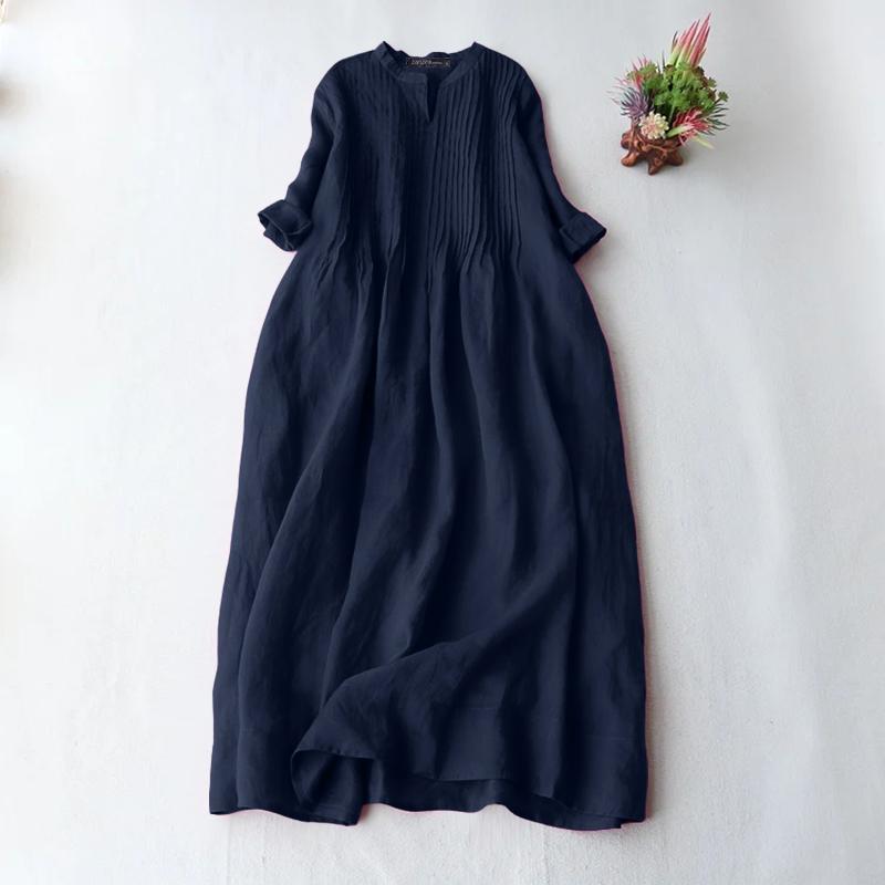 

ZANZEA Women Long Sleeve Pleating Casual Loose Tunic Long Dress M темно-синий