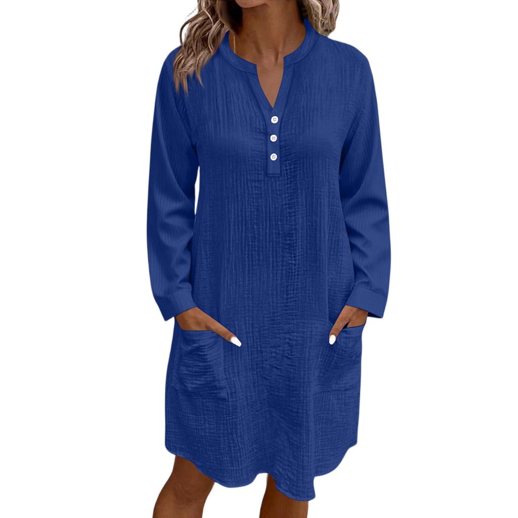 Women's Casual Solid Color Loose V-Neck Button Long Sleeve Beach Dress With Pockets