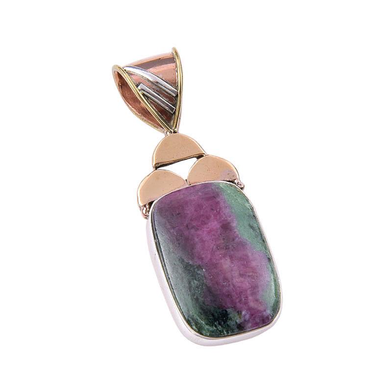 Ruby In Zoisite Lab-Created 925 Sterling Silver Gift Two Tone Pendant 1.75" B3F13