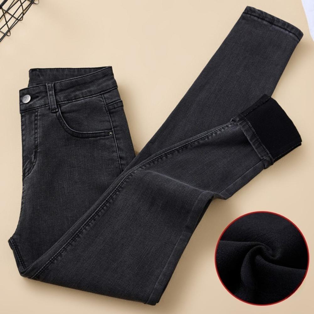 Women's High Waist Skinny Jeans Slim Fit Fleece Lined Pencil Pants Solid Color Stretch Thermal Denim Trousers For Winter Daily Commute
