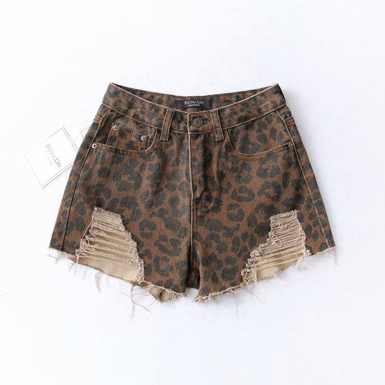 Women s Summer High Waist Leopard Print Ripped Denim Shorts L кофейный/леопардовый
