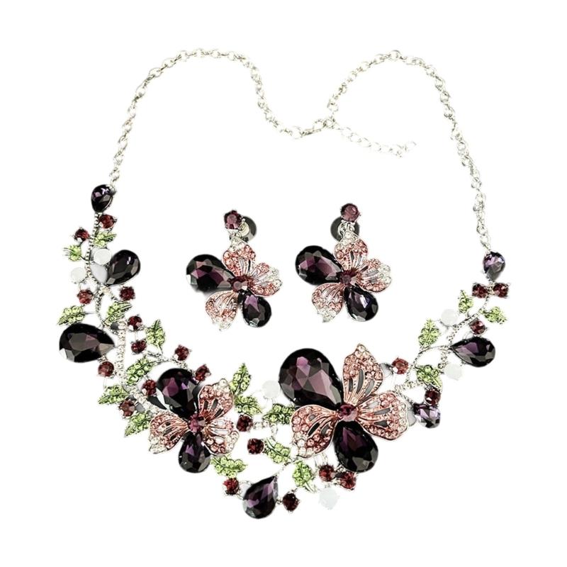 Stylish Rhinestones Flower Design Jewelry Set Lightweight Stylish Necklace With Matching Earrings For Women фиолетовый