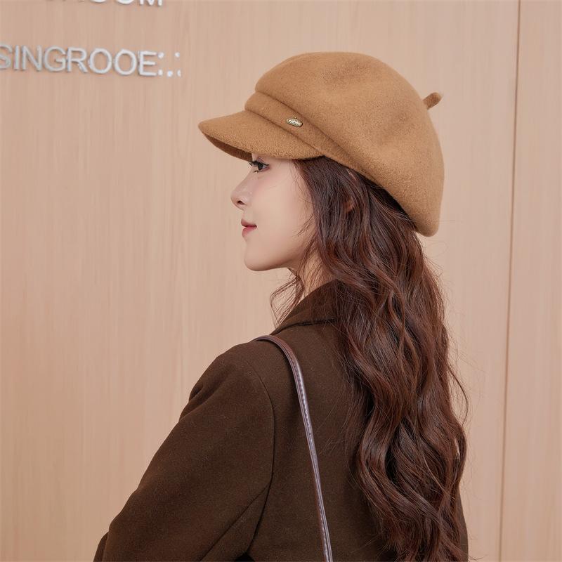 Wollbarett Damen Herbst und Winter Vielseitiges Temperament Entenschnabelmütze Koreanischer Stil Gesicht zeigend Klein Warm Retro Schiebermütze