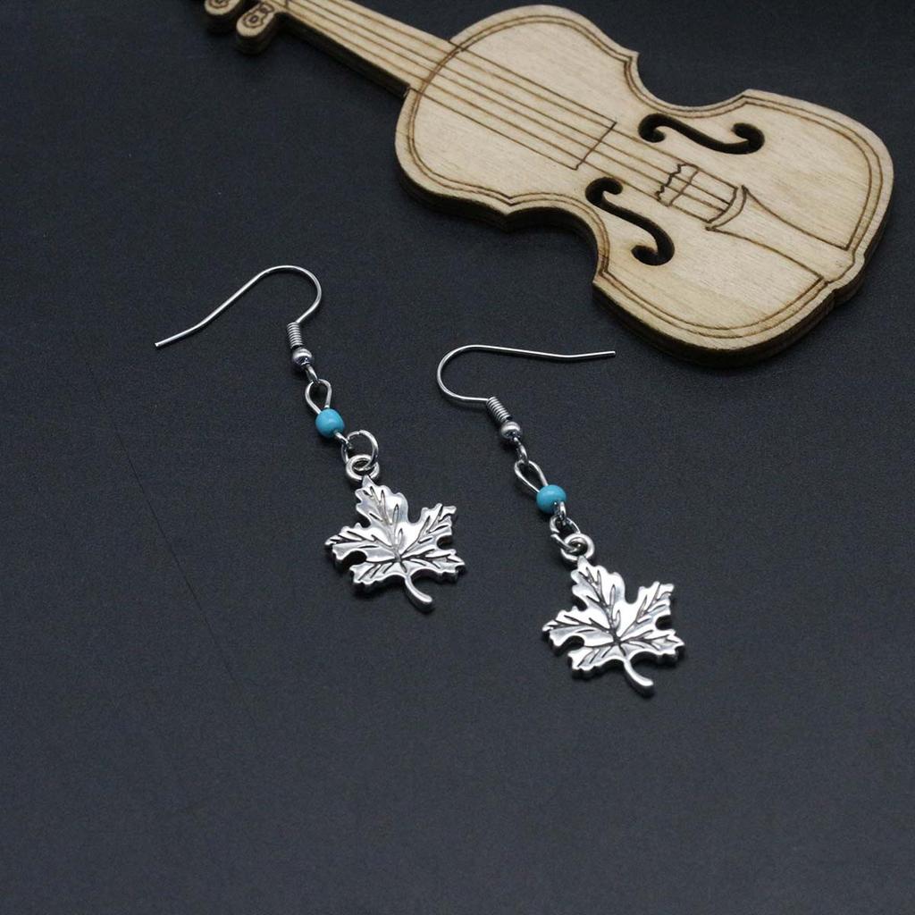 1 Pair of Maple Leaf Element Silver Inlaid Blue Bead Earrings, Naturalistic Design