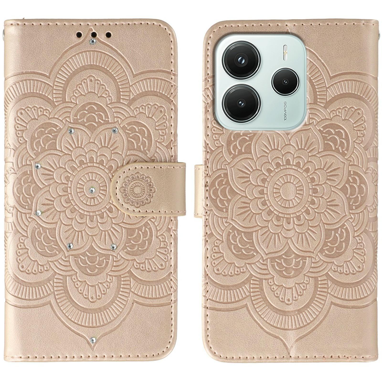 

For Xiaomi Redmi Note 14 4G (164.84mm) Case Rhinestone Decor PU Leather Mandala Imprinted Design Phone Cover with Wrist Strap Rose Gold