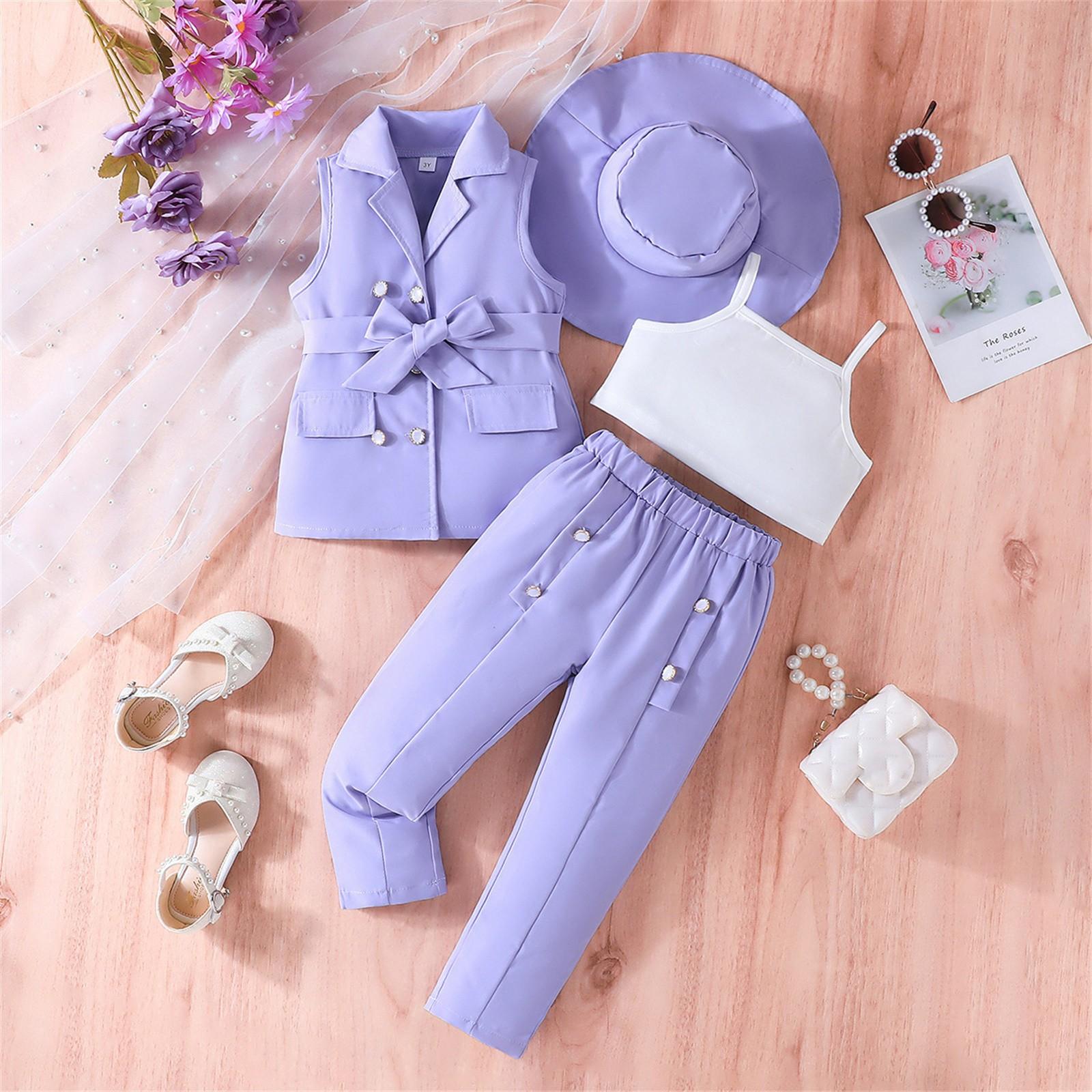 

Летний детский костюм брюки девочка костюм + шапка мода 4 комплекта 8Y фиолетовый