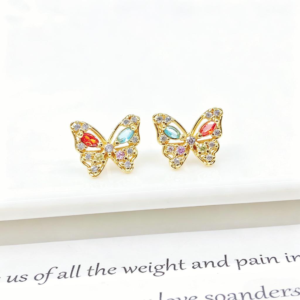 High-Quality Gold Plated Colorful CZ Butterfly Stud Earrings for Women Multi Crystal Cute Animal Earrings Fashion Party Jewelry