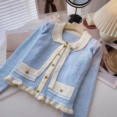 Contraste de madeira bowknot camisola cardigan feminino outono e inverno 2022 estrangeiro pequeno perfumado manga longa cardigan