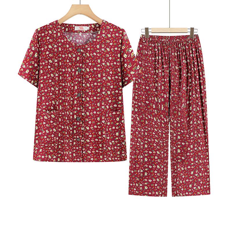 

Grandma s Summer Cotton Silk Two-Piece Set: Short Sleeve Cardigan & Pants Pajama for Middle-aged & Elderly Women. 3XL (115-130 jin) червоний