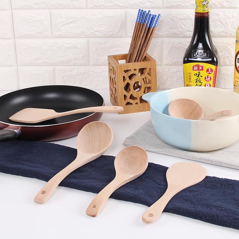 Unpainted Wooden Shovel and Spoon Kitchen Set with Long Handle and Non-stick Pan Shovel