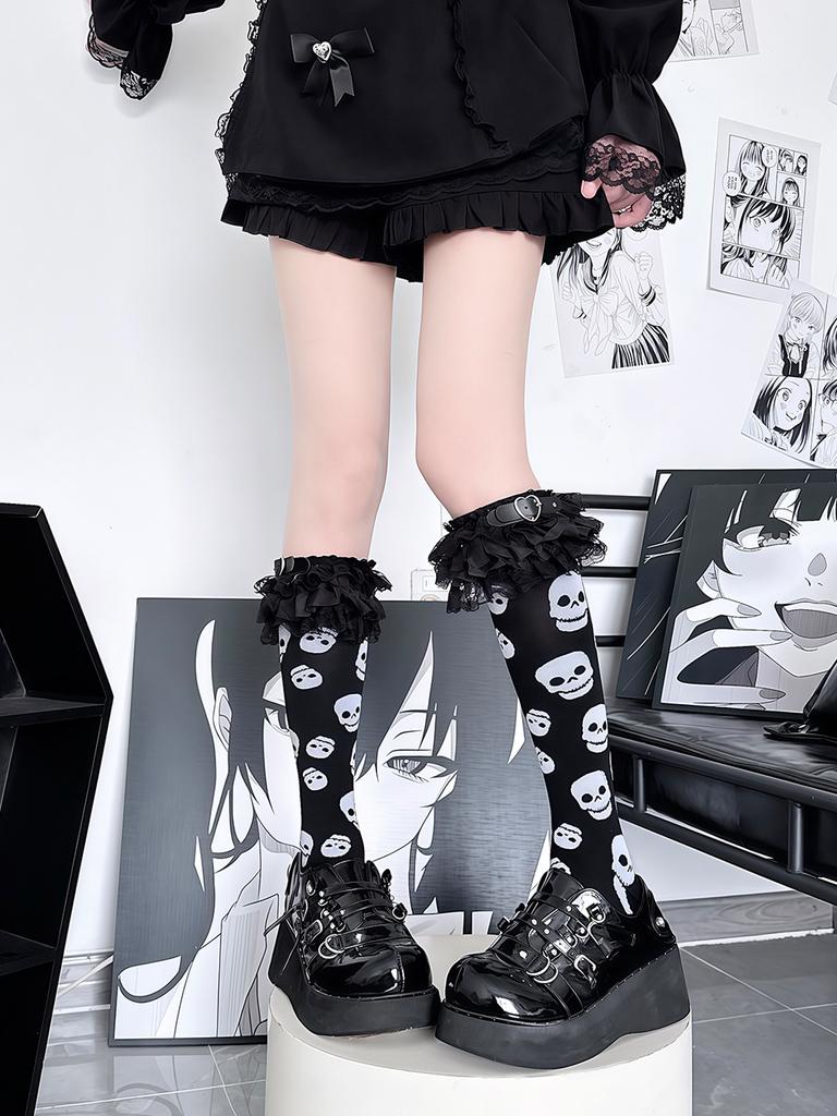 Halloween Diablo Skull Calf Socks Subculture Punk Personality Leather Buckle Pile Lolita Lace Socks Medium Stockings