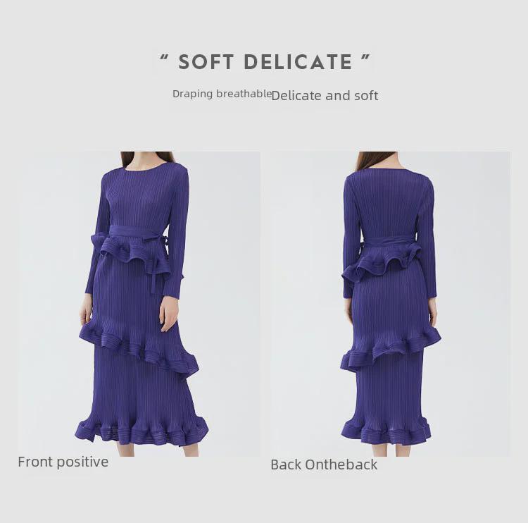 Women's 2025 Spring Miyake Ruffled Long-Sleeve Lace-Up Dress, Medium-Length, Slim Fit, Pleated Bottom Skirt.