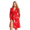 S-3XL Women‘s Long PU Leather Trench Coat: Glossy Lapel Blazer Style with Belt, Casual Open Front Jacket for Streetwear