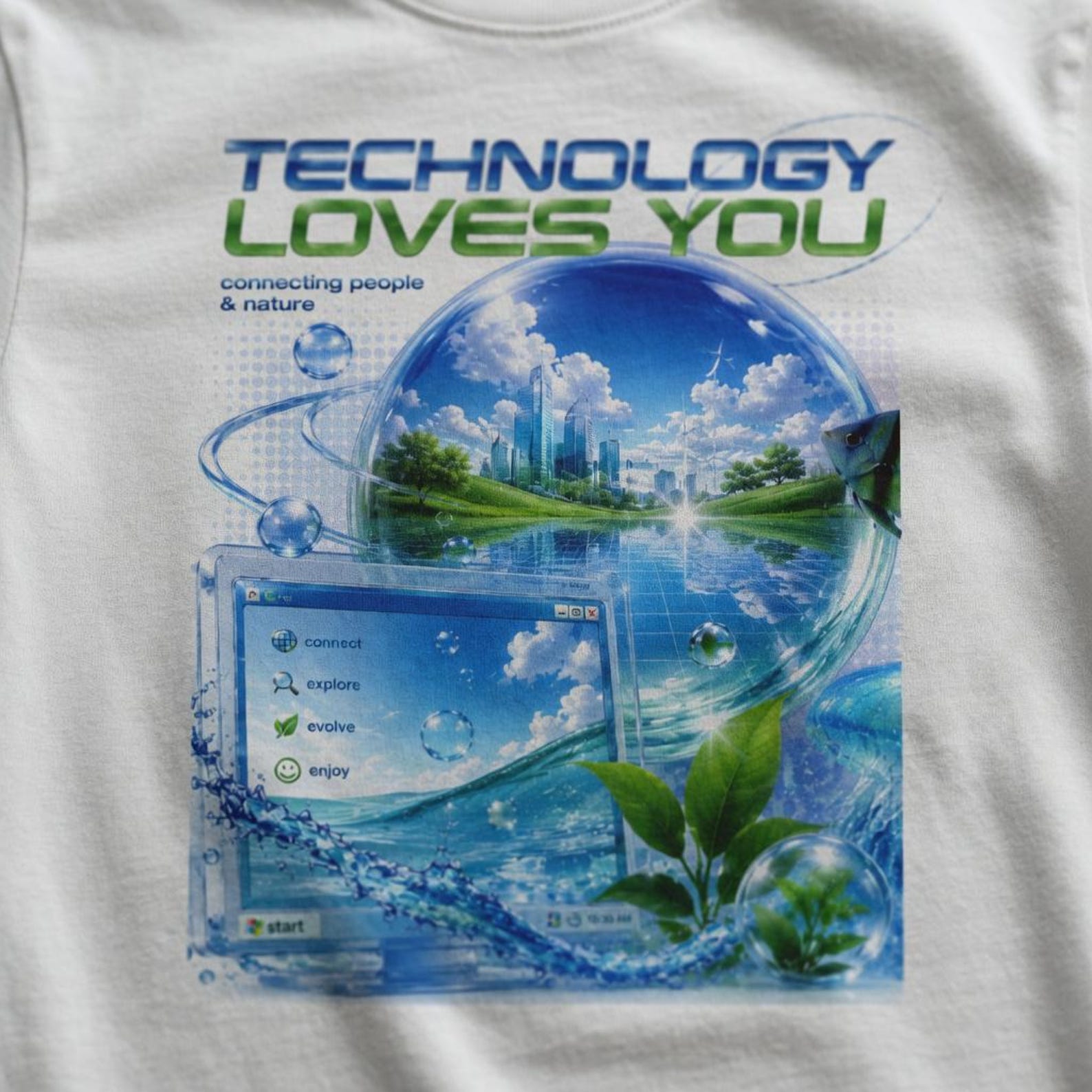 Frutiger Aero Shirt Nostalgia Tee: Retro Internet Cybercore Design, Aqua Graphics (Unisex Large Print, Bella+Canvas Cotton) S
