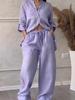 Women's Solid Color One-Button Long Sleeve Shirt Two-Piece Set Wide Leg Pants with Tie Waist Trousers for Women