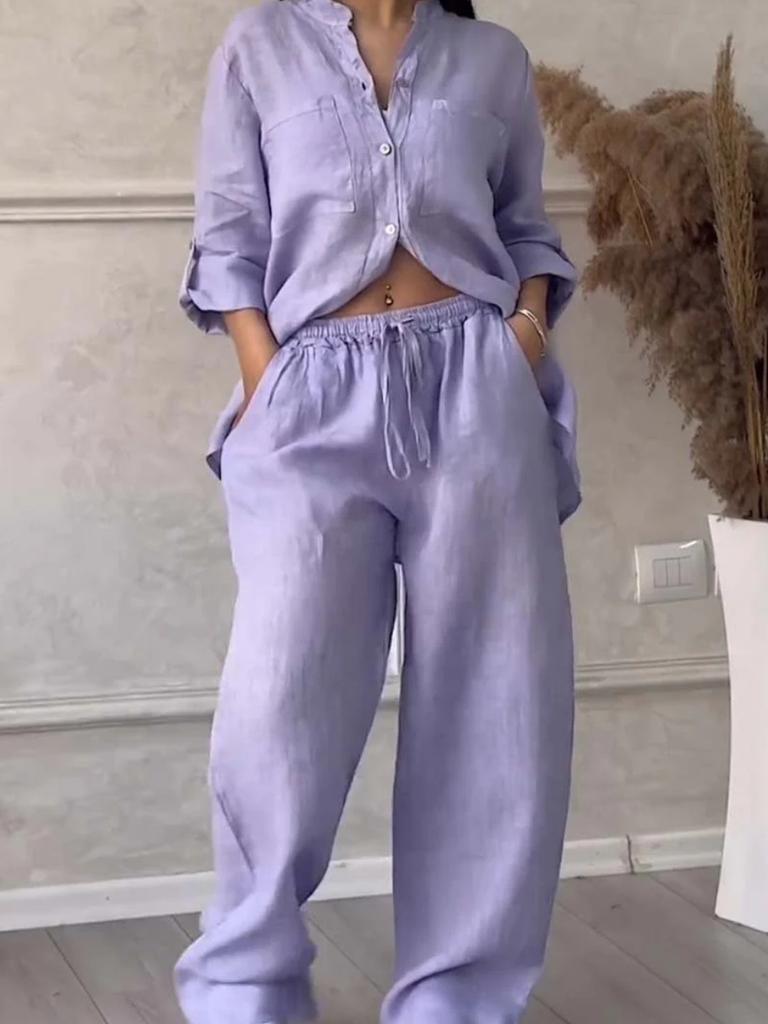 Women's Solid Color One-Button Long Sleeve Shirt Two-Piece Set Wide Leg Pants with Tie Waist Trousers for Women