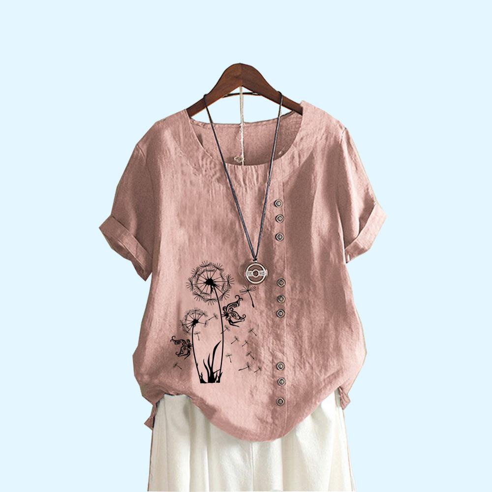 Women Fashion Print T-shirt Casual Short Sleeve Top Summer Round Collar Loose Plus Size Blouses