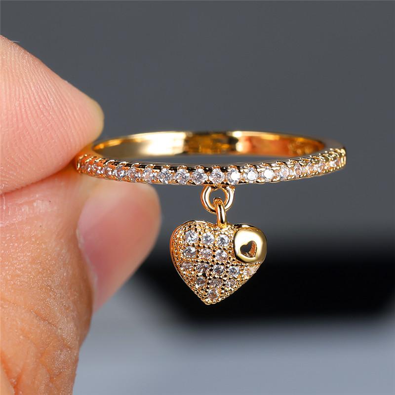 Luxury Female Crystal Heart Pendant Rings Trendy Gold  Color Engagement Ring Charm White Zircon Wedding Jewelry For Women