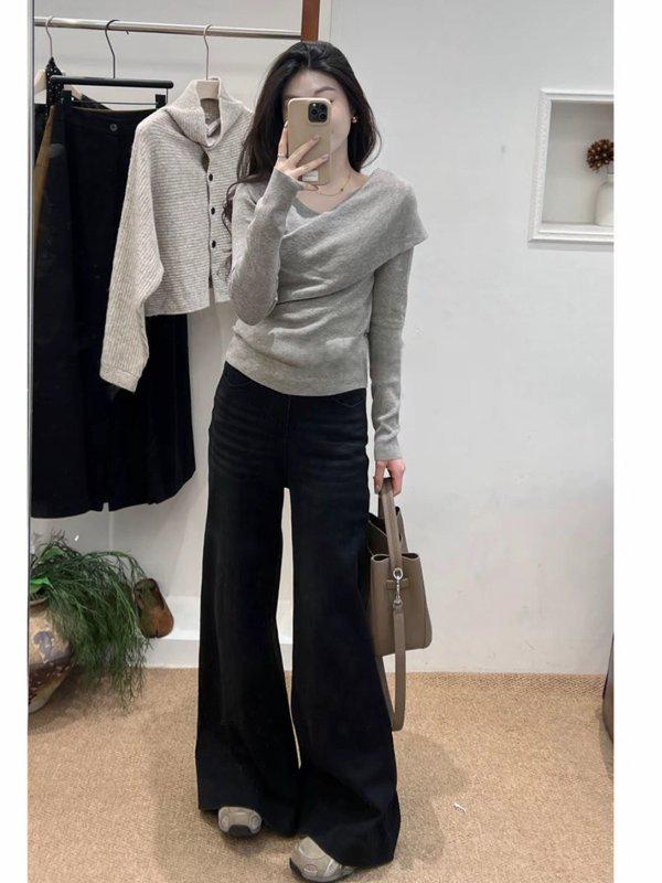 Haut Tricot Gris Coupe Ajustée Col Croisé Grande Taille pour Femme - Manches Longues Arrivage Printemps, Couche Intérieure Amincissante