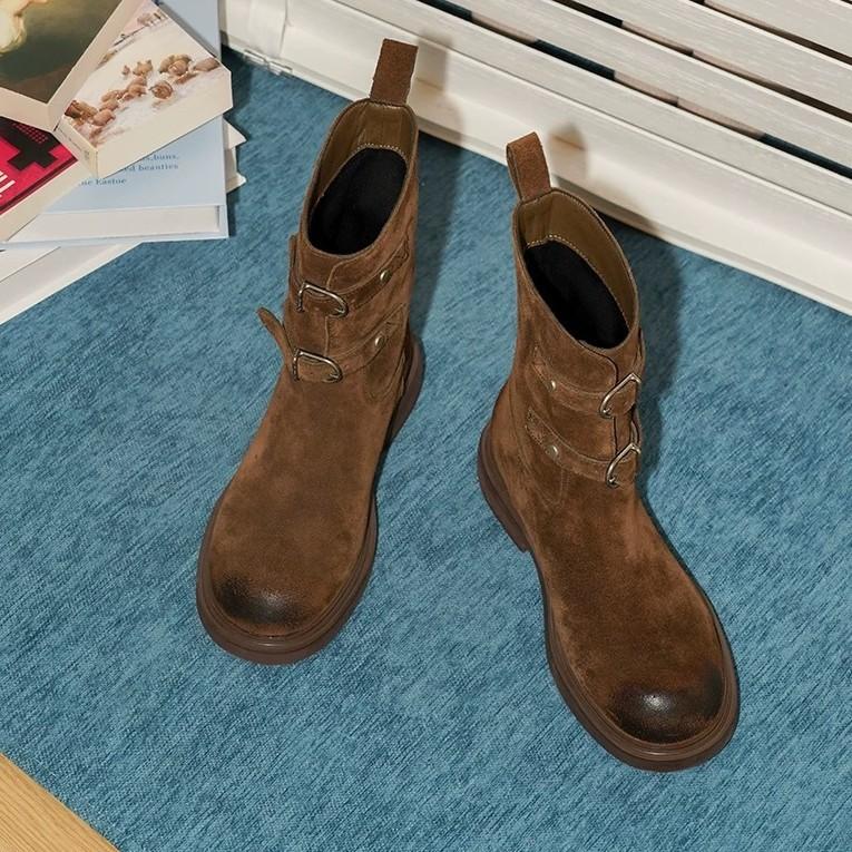 Sheepskin version~ Maillard Lazy Wind Belt Buckle Rub Color Round Head Western Cowboy Boots Women's Coarse Heel Short Boots Martin Boots