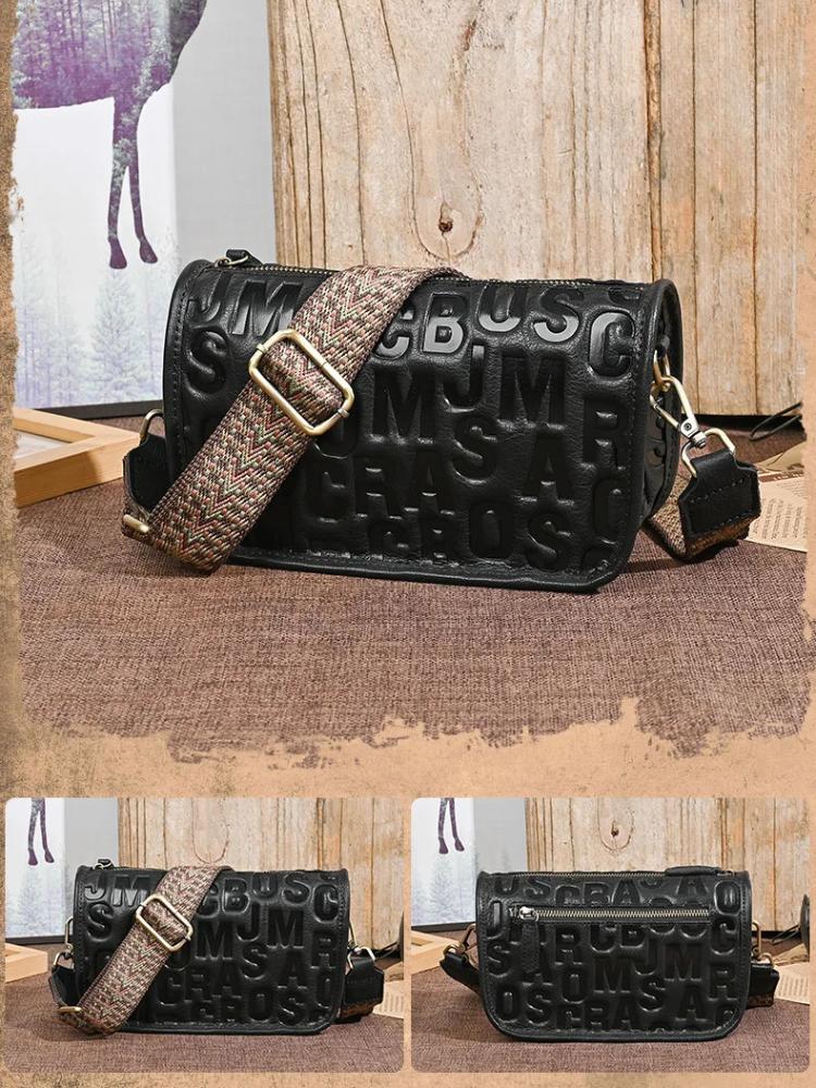 Johnature Retro Dámská taška z pravé kůže s ražbou písmen Všestranná široká ramenní popruh Ramenní crossbody taška
