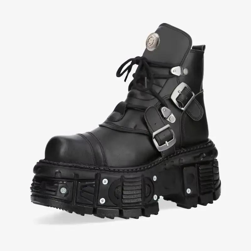Fashion 2025 New Genuine Leather Tank Sole Punk Short Boots Short Boots Thick Sole Buckle Lace Up Boots Fashion Street Motorcycle Boots