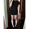 Women's Black Short Sleeve Blouse with Peter Pan Collar Eyelet Embroidery and Tie Waist
