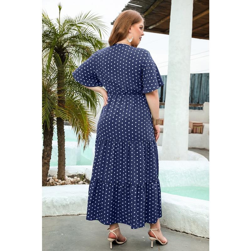 Summer Women Plus Size Polka Dot Dress Casual V-Neck Vacation Dress Elegant Loose Midi Dresses