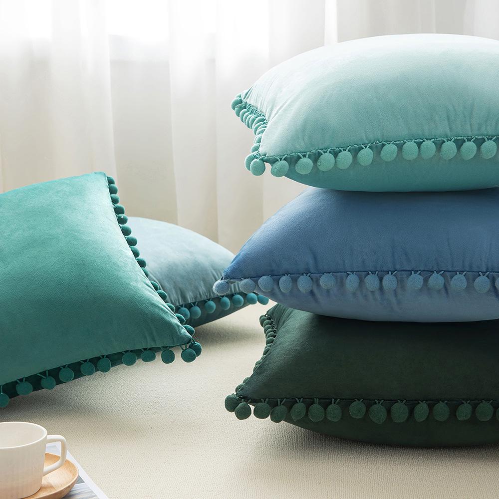 Heimstoff Samt Sofakissen, Wollkugelspitze Plüsch Kissenbezug ohne Kissenkern