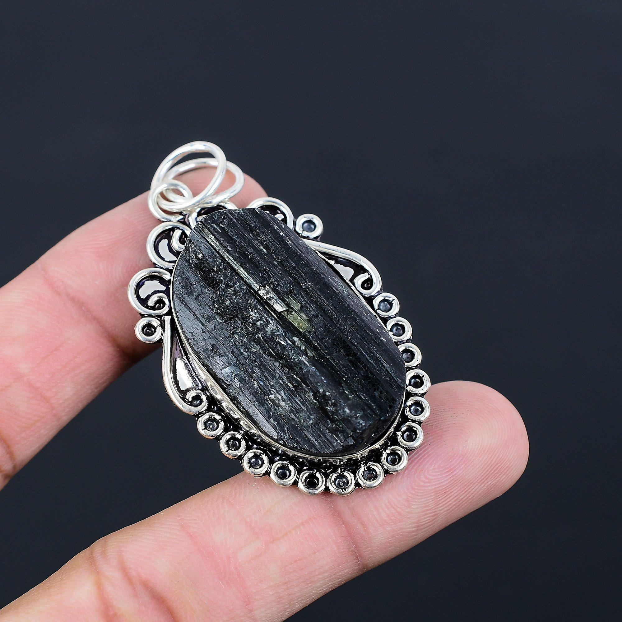 Womens day Sale Black Tourmaline Rough Gemstone 925 Silver Daughter New Pendant