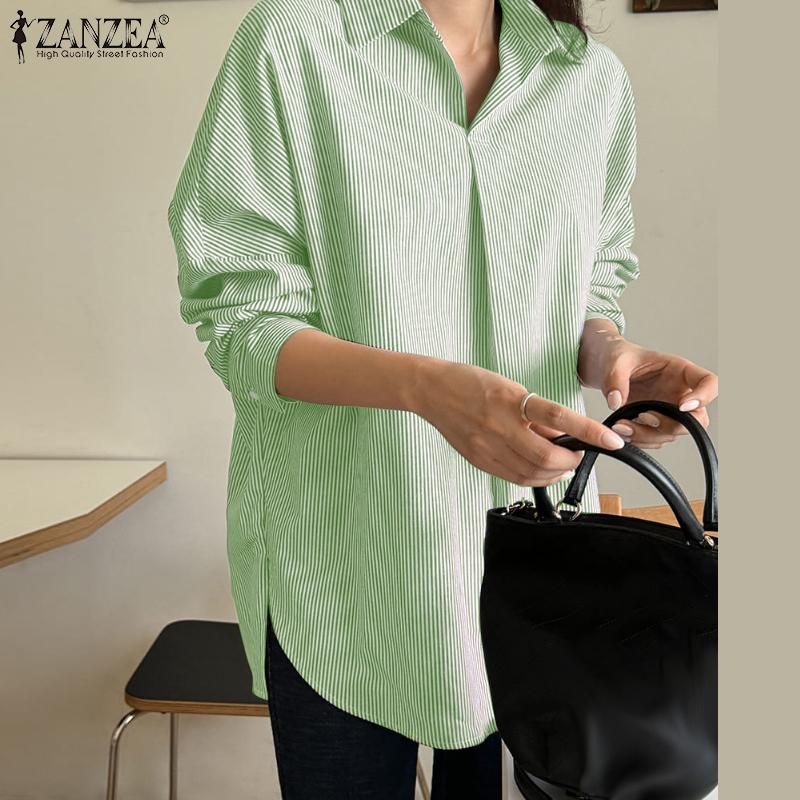 ZANZEA Women Casual Turn Down Collar Long Sleeve Stripe Blouse