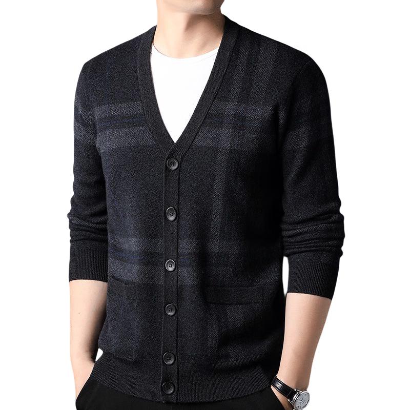 

Romon Men s 100% Pure Wool Thick Plaid Striped Knitted Cardigan L