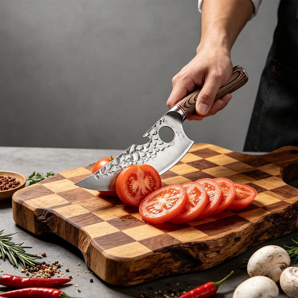 Hand Forged Kitchen Prep Knife Hammered Texture Steel Blade Ergonomic Wooden Handle Household Cooking Knife for Daily Meat and Food Preparation