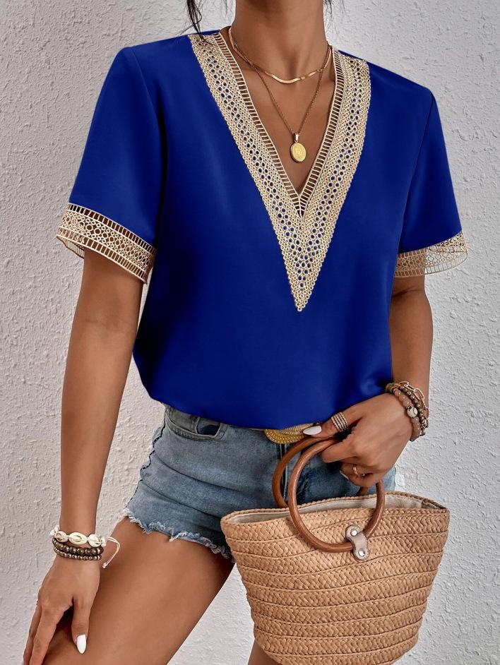 Women's V-Neck Lace Loose Top Temperament Commuter Short Sleeve Shirt Women