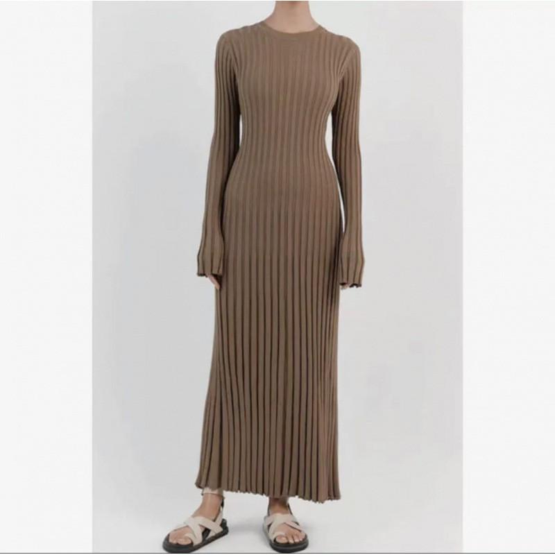 Long Sleeve Round Neck Ribbed Knit Bodycon Midi Dress High Waist Solid Color Sweater Women