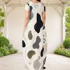 Women Plus Size Round Neck Short Sleeve Blue Printed Loose Long Dress With Side Pockets