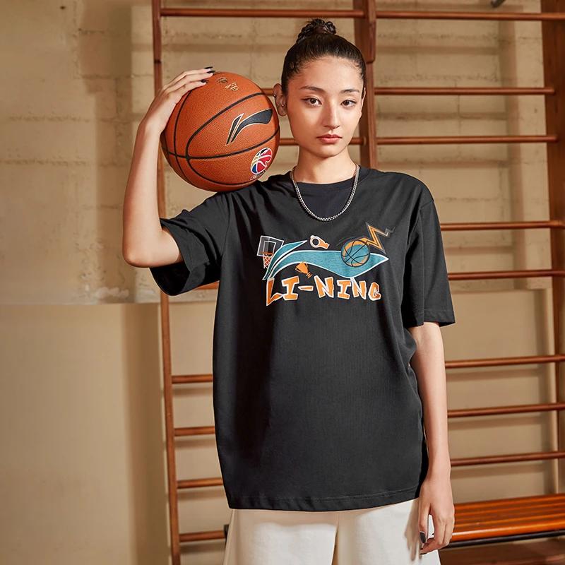 Li Ning Sports Basketball Series Logo Print Casual Round Neck Short Sleeve Drop Shoulder T-Shirt Men T-Shirt Black AHSS591-1